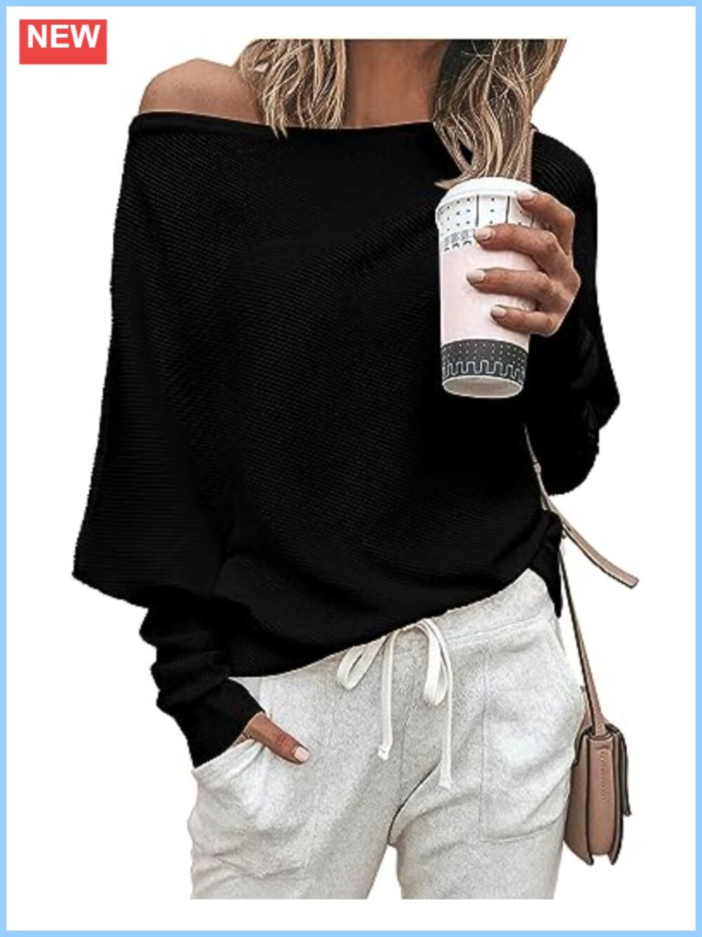 Off Shoulder Batwing Knit Pullover Sweater Women Long Sleeve Loose Fit